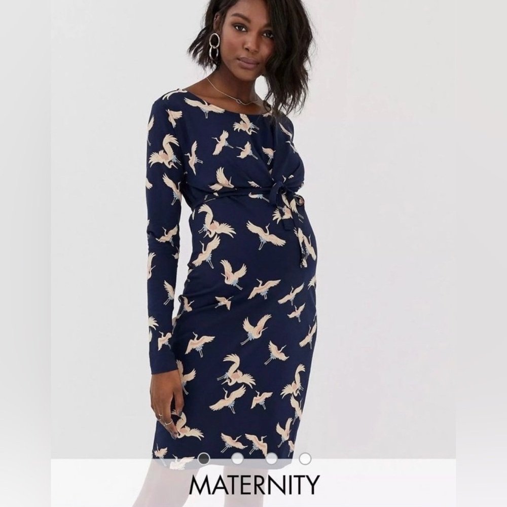 ASOS Mama Licious Navy Long Sleeve Jersey Tie Dress w Bird Pattern - Maternity
